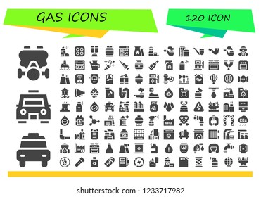 Vector icons pack of 120 filled gas icons. Simple modern icons about  - Gas mask, Taxi, Spray, Stove, Oxygen mask, Gas, Traffic, Nuclear plant, Factory, Pipe, Tank, Oil pump, Oven, Oil, Blower