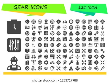 Vector icons pack of 120 filled gear icons. Simple modern icons about  - Watch, Worker, Settings, Wheel, Machine, Bike, Configuration, Skills, Saddle, Gearshift, Pistons, Vision, Spoke wheel