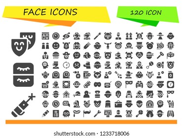 Vector icons pack of 120 filled face icons. Simple modern icons about  - Theater, Laser pen, Eyelash, Gel, Wall clock, Bionic eye, Call center, Makeup, Panda bear, Artist, Salt, User, Clown
