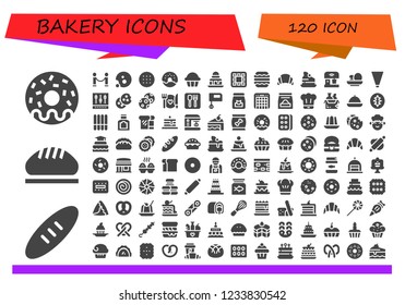 Vector icons pack of 120 filled bakery icons. Simple modern icons about  - Donut, Bread, Velvet, Cookie, Biscuit, Cupcake, Brownie, Waffle, Macaron, Croissant, Cake, Mixer, Cakes, Piping bag