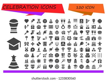 Vector icons pack of 120 filled celebration icons. Simple modern icons about  - Trophy, Party hat, Graduation, Heart, Fireworks, Happy, Candle, Muffin, Champagne, Cake pop, Garland, Invitation