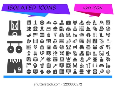 Vector icons pack of 120 filled isolated icons. Simple modern icons about  - Shorts, Rings, Book, Joystick, Love, Croissant, Hat, Dice, Saint Patrick, Cat, Reader, Crown, Rum, Wc, Coffee machine