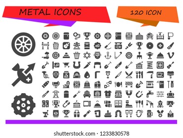 Vector icons pack of 120 filled metal icons. Simple modern icons about  - Wheel, Gear, Spear, Fridge, Handcuffs, Trophy, Barrel, Container, Taxi, Cradle, Saw, Barrier, Trash can, Garage band