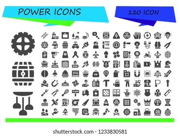 Vector icons pack of 120 filled power icons. Simple modern icons about  - Gear, Lamp, Barrel, Ladder, Nuclear plant, Weight, Park, Puck, Thinking, Energy, Radioactive, Gloves, Dragon, Idea