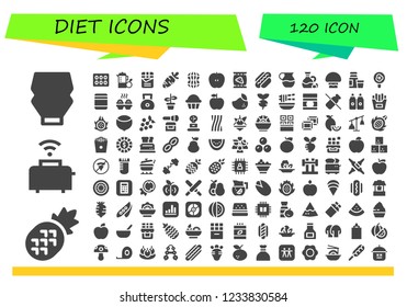 Vector icons pack of 120 filled diet icons. Simple modern icons about  - Mayonnaise, Pineapple, Toaster, Cupcake, Juice, Chocolate, Carrot, Peanut, Apple, Chips, Hot dog, Olive, Mushroom
