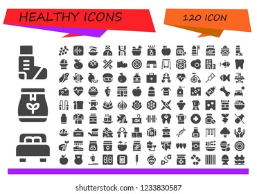 Vector icons pack of 120 filled healthy icons. Simple modern icons about  - Inhaler, Bed, Tea bag, Grapes, Apple, Noodles, Dentist, Dna, Mortar, Vitamin c, Pills, Toothbrush, Bottle, Powder