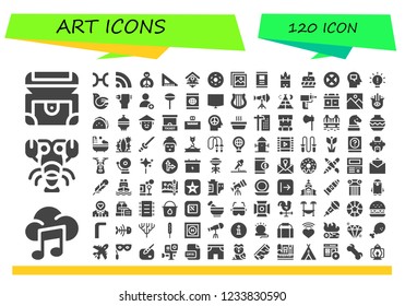 Vector icons pack of 120 filled art icons. Simple modern icons about  - Chest, Music, Lobster, Pisces, Rss, Peace, Set square, Bird house, Doughnut, Picture, Smartphone, Giralda, Burger, Wheel