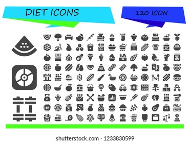 Vector icons pack of 120 filled diet icons. Simple modern icons about  - Watermelon, Weights, Apple, Mushroom, Gym, Mango, Vegetables, Toaster, Pot, Vial, Grapes, Tomato, Turnip, Berry, Banana