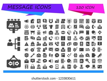 Vector icons pack of 120 filled message icons. Simple modern icons about  - Billboard, Open, Network, Megaphone, Paper, Love letter, Chat, Content, Smartphone, Email, Blog, Online marketing