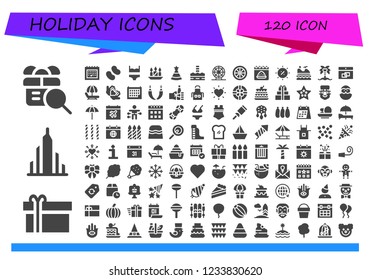 Vector icons pack of 120 filled holiday icons. Simple modern icons about  - Gift, Burj khalifa, Calendar, Candy, Bikini, Candles, Party hat, North pole, Ferris wheel, Summer, Jet ski, Coconut tree