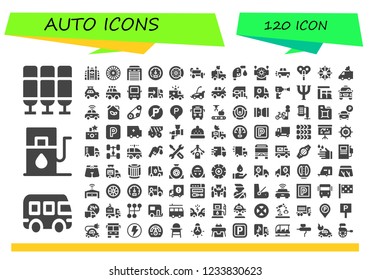 Vector icons pack of 120 filled auto icons. Simple modern icons about  - Seat, Bus, Gas station, Monaco, Wheel, Garage, Tachometer, Brake disc, Trailer, Van, Gas fuel, Robot, Car, Automaton