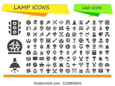 Vector icons pack of 120 filled lamp icons. Simple modern icons about  - Traffic light, Lamp, Plasma ball, Electricity, Desk chair, Lantern, Torch, Graphic design, Chandelier, Vanity, Idea, Initiative