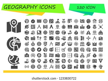 Vector icons pack of 120 filled geography icons. Simple modern icons about  - Map, Globe, Planet, Planet earth, Compass, Earth, Education, Earth grid, World, Worldwide, Maps, Mapping, Earth globe