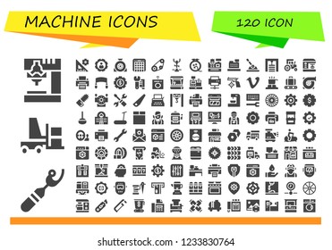 Vector icons pack of 120 filled machine icons. Simple modern icons about  - Drill, Ripper, Forklift, Settings, Wheel, Mixer, Timing belt, Stationary bike, Knit, Cash register, Cashier, Control