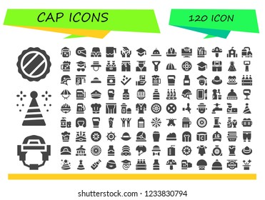 Vector icons pack of 120 filled cap icons. Simple modern icons about  - Cap, Helmet, Party hat, Beer, Hat, Jar, Graduation, Mortarboard, Education, Mushroom, School, Dark beer, Pants, Graduate