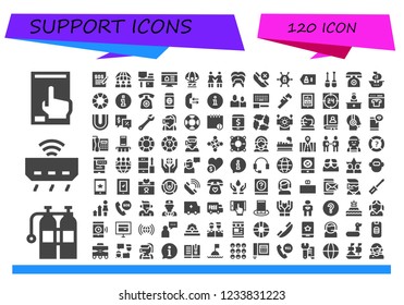 Vector icons pack of 120 filled support icons. Simple modern icons about  - Smartphone, Oxigen, Router, Support, Worldwide, Desk, Online shop, Humanitarian, Solidarity, Dental, Phone, Vpn, Friend