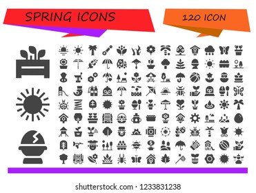 Vector icons pack of 120 filled spring icons. Simple modern icons about  - Flowerpot, Egg, Sun, Sunrise, Palm tree, Suspension, Blossom, Branches, Flower, Tree, Bird house, Rain, Butterfly, Plant