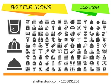 Vector icons pack of 120 filled bottle icons. Simple modern icons about  - Tequila, Dinner, Baby hat, Beer, Medicine, Wine bottle, Drug, Whisky, Soda, Pills, Coconut drink, Soap, Baby boy, Thermo