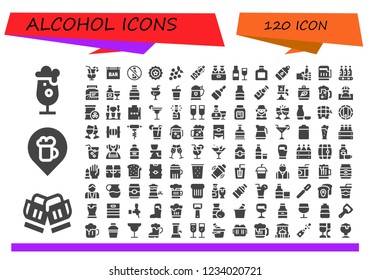 Vector icons pack of 120 filled alcohol icons. Simple modern icons about  - Beer, Toast, Bar, Cocktail, No alcohol, Beer cap, Grapes, Champagne, Wine, Whisky, Bottle, Oktoberfest, Beers, Drink