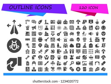 Vector icons pack of 120 filled outline icons. Simple modern icons about  - Plane, Coin, Bug, Binoculars, Chat, Seashell, Joystick, Postcard, Gloves, Wallet, Book, Mushroom, Payment, Followers