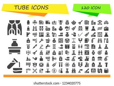 Vector icons pack of 120 filled tube icons. Simple modern icons about  - Flippers, Test tube, Flask, Toothpaste, Leak, Plumber, Pipe, Chemical reaction, Gel, Aqualung, Plunger, Science, Shampoo