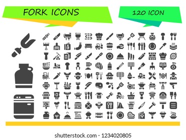 Vector icons pack of 120 filled fork icons. Simple modern icons about  - Fork, Dishwasher, Canteen, Knife, Saddle, Barbecue, Sausages, Chef, Spatula, Grill, Spoon, Rake, Menu, Sausage, Picnic