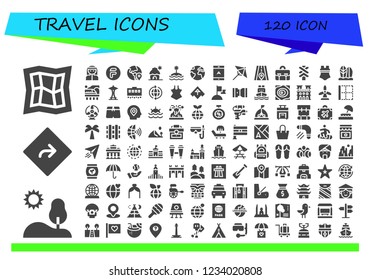 Vector icons pack of 120 filled travel icons. Simple modern icons about  - Map, Hill, Direction, Bedouin, Flipdrive, Globe, Cabin, Island, Earth, Navigation, Umbrella, Road, Briefcase, Road sign