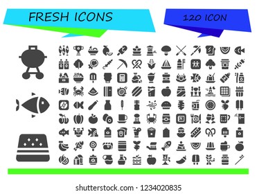 Vector icons pack of 120 filled fresh icons. Simple modern icons about  - Barbecue, Watermelon, Fish, Cup, Salad, Lemons, Popsicle, Fern, Beer tap, Mushroom, Skewers, Pick, Toast, Sauces, Lettuce