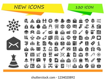 Vector icons pack of 120 filled new icons. Simple modern icons about  - Snowflake, Party hat, Email, File, Ingot, Shopping bag, Deal, Gift, Layers, Mitten, Shirt, Bag, Diskette, Chinese, Garland