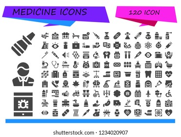 Vector icons pack of 120 filled medicine icons. Simple modern icons about  - Nasal spray, Virus, Pharmacist, Snake, Pharmacy, Test tubes, Stretcher, Anti age, Blood, Flask, Plaster, Poison, Fishbone