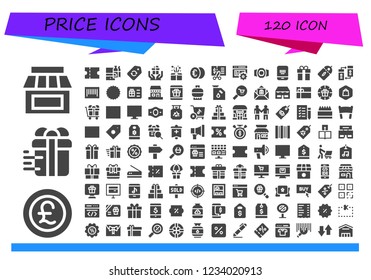 Vector icons pack of 120 filled price icons. Simple modern icons about  - Store, Pound, Gift, Coupon, Shopping online, Label, Euro, Voucher, Code, Champion belt, Barcode, Price label, Transfer