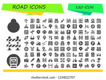 Vector icons pack of 120 filled road icons. Simple modern icons about  - Location, Railway, Barrier, Signpost, Gas station, Bicycle, Bus stop, Road, Pin, Slide, Bridge, Parkings, Caravan, Traffic