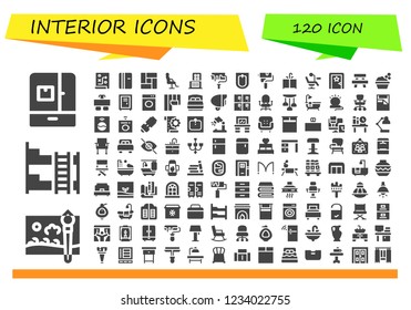Vector icons pack of 120 filled interior icons. Simple modern icons about  - Fridge, Painting brush, Bunk bed, Planning, Refrigerator, Floor, Salon chair, Shopping center, Paint roller, Bidet