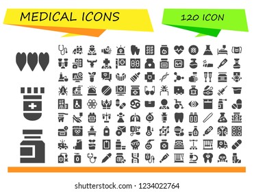 Vector icons pack of 120 filled medical icons. Simple modern icons about  - Life, Medicine, Blood test, Stethoscope, Ambulance, Nurse, Bandaged finger, Siren, Broken tooth, Pill, Charcoal, Cardiogram