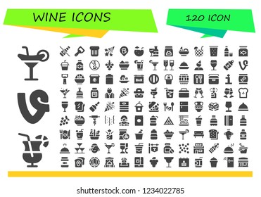 Vector icons pack of 120 filled wine icons. Simple modern icons about  - Cocktail, Vine, No alcohol, Bottle opener, Toast, Confetti, Bar, Coconut water, Wine bottle, Food, Salad, Drink, Vodka