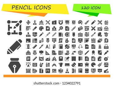 Vector icons pack of 120 filled pencil icons. Simple modern icons about  - Layout, Pen, Artist, School, Pencil, Font, Content, Canvas, Color palette, Paint tube, Ruler, Highlighter, Education