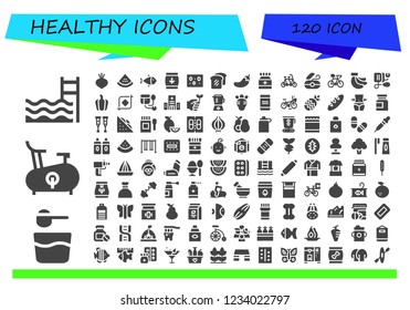 Vector icons pack of 120 filled healthy icons. Simple modern icons about  - Swimming pool, Powder, Bike, Beet, Watermelon, Fish, Wheat, Cheese, Bread, Chili, Medicine, Tandem, Dental floss, Bananas