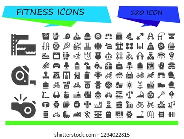 Vector icons pack of 120 filled fitness icons. Simple modern icons about  - Trampoline, Whistle, Measuring tape, Scale, Gloves, Tape measure, Stationary bike, Powder, Bicycle, Push up, Protein
