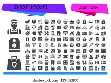 Vector icons pack of 120 filled shop icons. Simple modern icons about  - Clerk, Shopping bag, Price tag, Delivery, Online shop, Shopping cart, Present, Print, Shopping basket, Open, Package