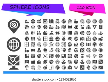 Vector icons pack of 120 filled sphere icons. Simple modern icons about  - Map, Globe, Cradle, Basketball, World, Newton cradle, Bowling, Earth, Earth globe, Earth grid, Ball, Planet earth, Atomic