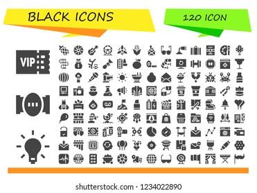 Vector icons pack of 120 filled black icons. Simple modern icons about  - Vip, Light, Pipe, Pineapple, Cookie, Guitar, Hamster wheel, Wind, Corn, Package, Glasses, Paint tube, Suitcase, Postcard