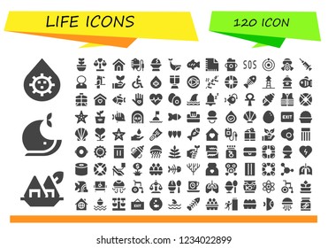 Vector Icons Pack Of 120 Filled Life Icons. Simple Modern Icons About  - Blood, Seaweed, Whale, Plant, Balance, Dog House, Transfusion, Egg, Fish, Napkin, Feeding Bottle, Sos, Atom, Gas Mask