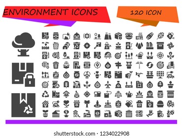 Vector icons pack of 120 filled environment icons. Simple modern icons about  - Tree, Box, Package, Can, Compost, Plant, Target, Park, Factory, Frog, Seed, Renewable energy, Watering can, Prairie
