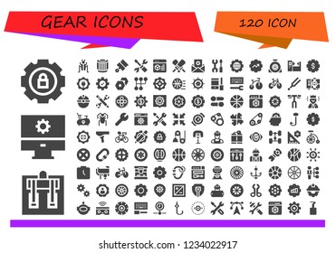 Vector icons pack of 120 filled gear icons. Simple modern icons about  - Settings, Machine, Cricket, Pulley, Pistons, Gear, Wheel, Gearshift, Basketball, Configuration, Bike, Tuning, Worker