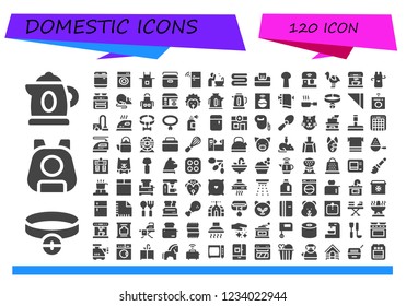 Vector icons pack of 120 filled domestic icons. Simple modern icons about  - Kettle, Collar, Pet, Dishwasher, Washing machine, Apron, Portable fridge, Fridge, Basin, Towel, Tissue, Spoon, Mixer