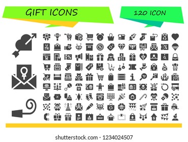 Vector icons pack of 120 filled gift icons. Simple modern icons about  - Heart, Party whistle, Invitation, Bow, Rattle, Shopping cart, Package, Teddy bear, Bag, Rose, Christmas sock, Eco bag