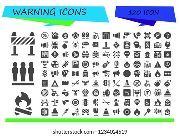 Vector icons pack of 120 filled warning icons. Simple modern icons about  - Barrier, Bonfire, Bomb, Fire, Dangerous, Loudspeaker, Wheelchair, Elevator, Megaphone, Security camera, Emergency call