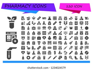 Vector icons pack of 120 filled pharmacy icons. Simple modern icons about  - Test tube, Add, Pills, Beaker, Caduceus, Bandage, Medicine, Flask, Hospital, Effervescent, Veterinarian, Pipette