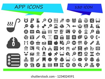 Vector icons pack of 120 filled app icons. Simple modern icons about  - Ladle, Reminder, Zip cloud, Content, Speech, Cleaning spray, Search, Bookmark, Pattern, Needle, Gallery, Alarm clock, Lock