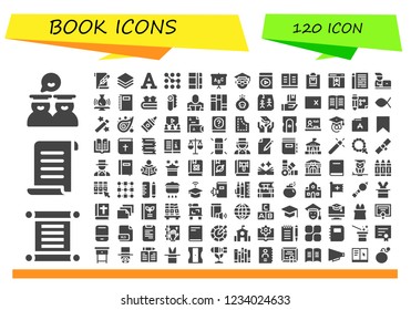 Vector icons pack of 120 filled book icons. Simple modern icons about  - Graduates, Torah, Papyrus, Paper, Albums, Font, Pattern, Notebook, Blackboard, Scientist, Audio book, Book, Notepad, Bookmark